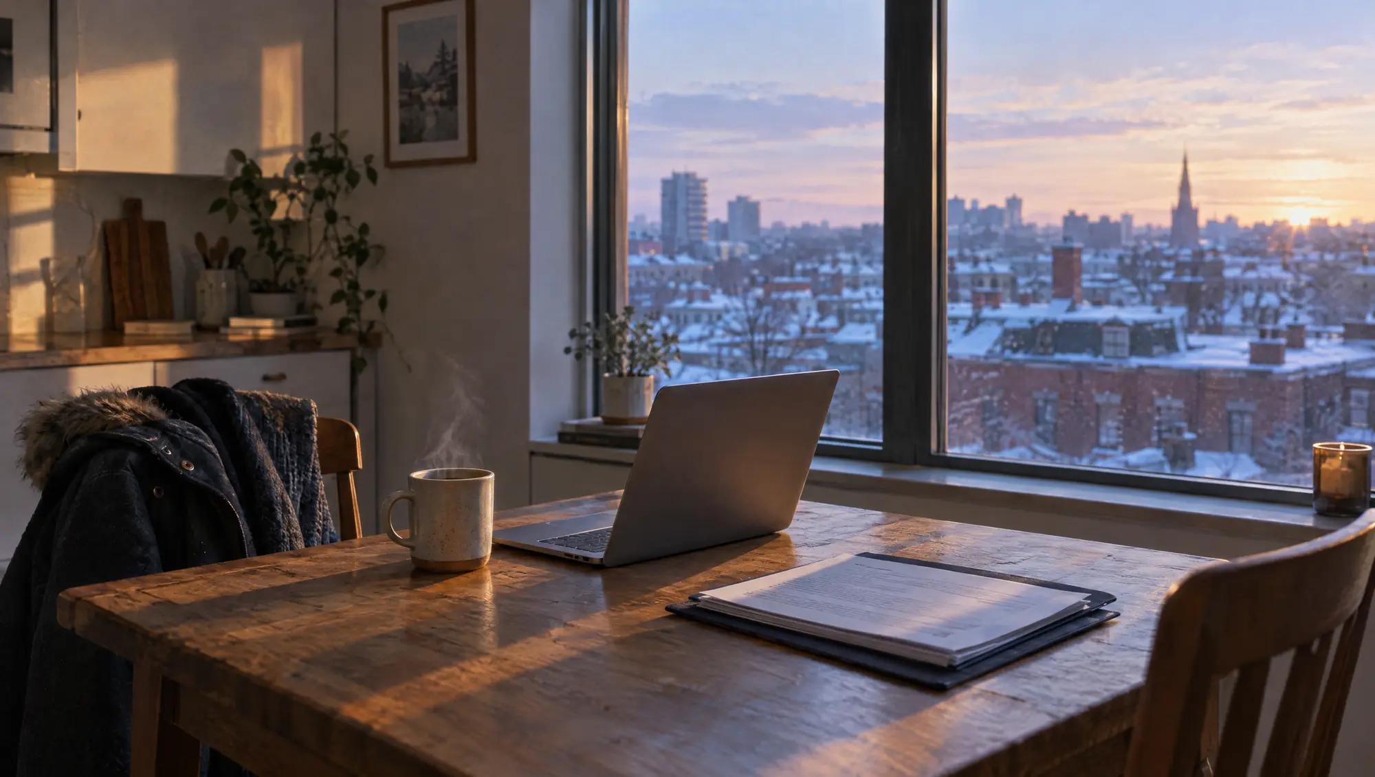 A laptop and a folder of papers on a table by a window