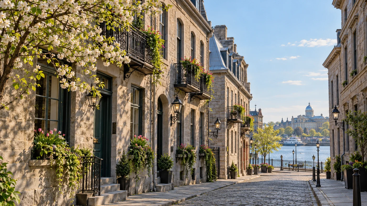 A cobbled street in Old Montréal in spring