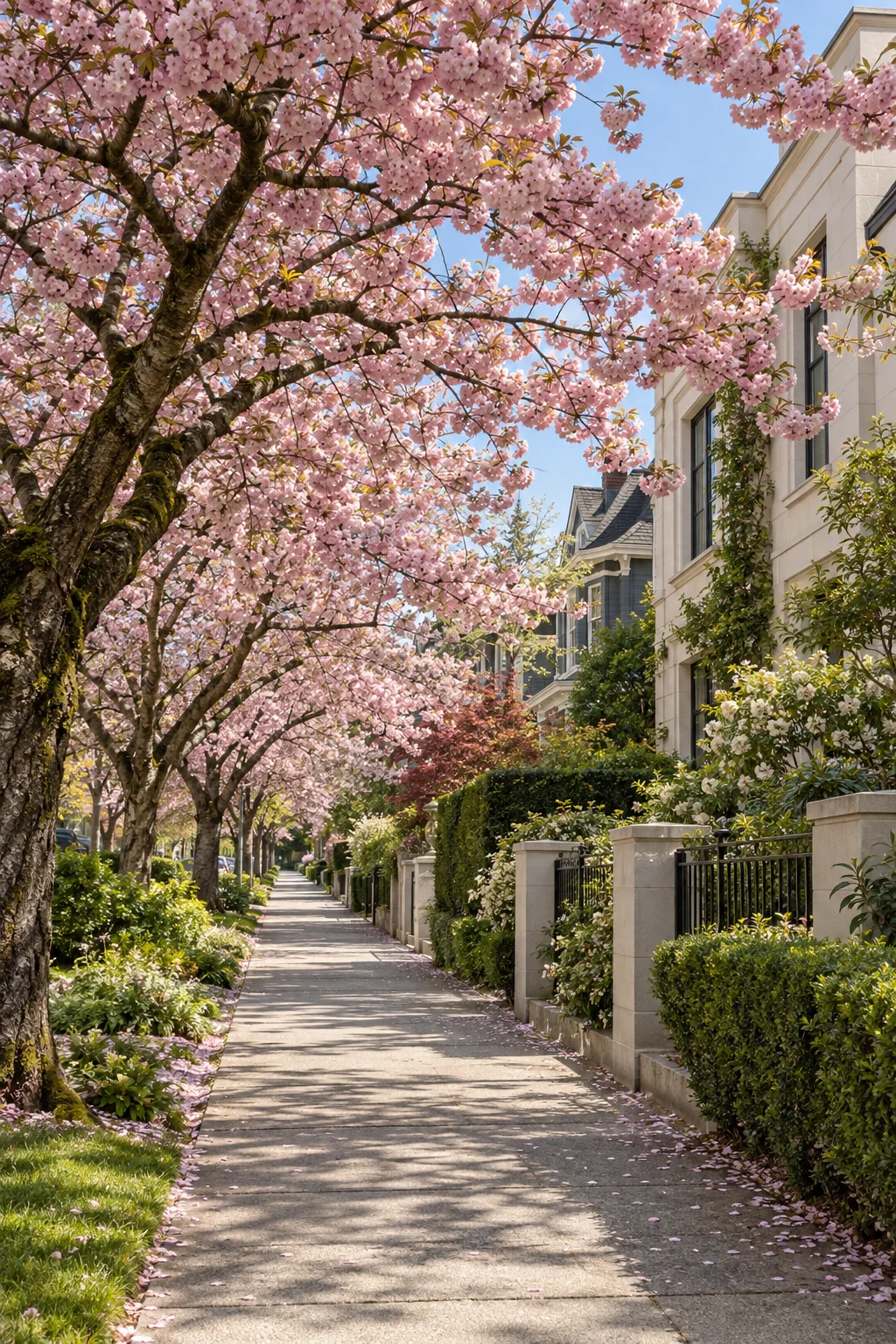 A quiet residential street in spring