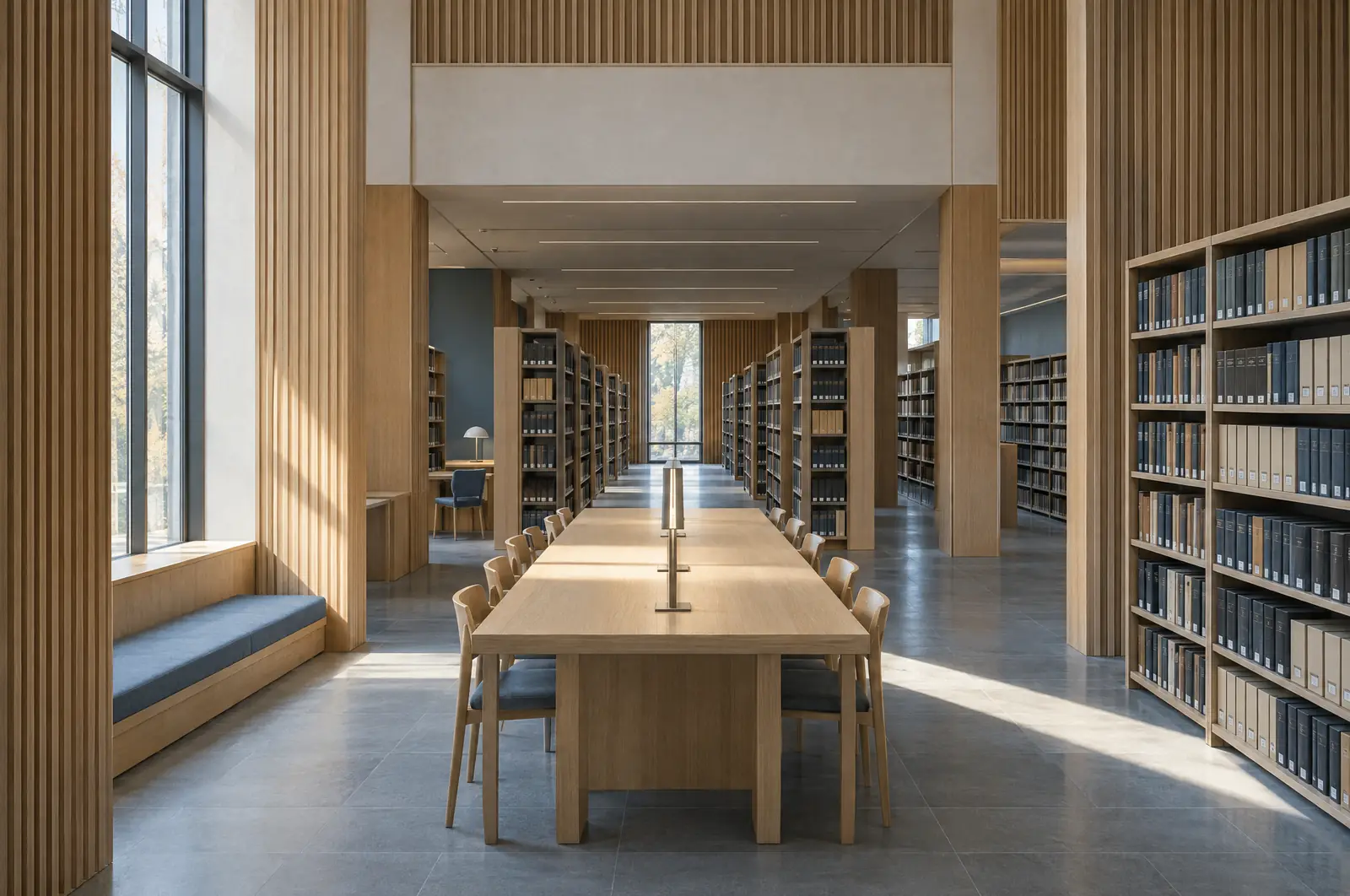A quiet library reading room with long tables