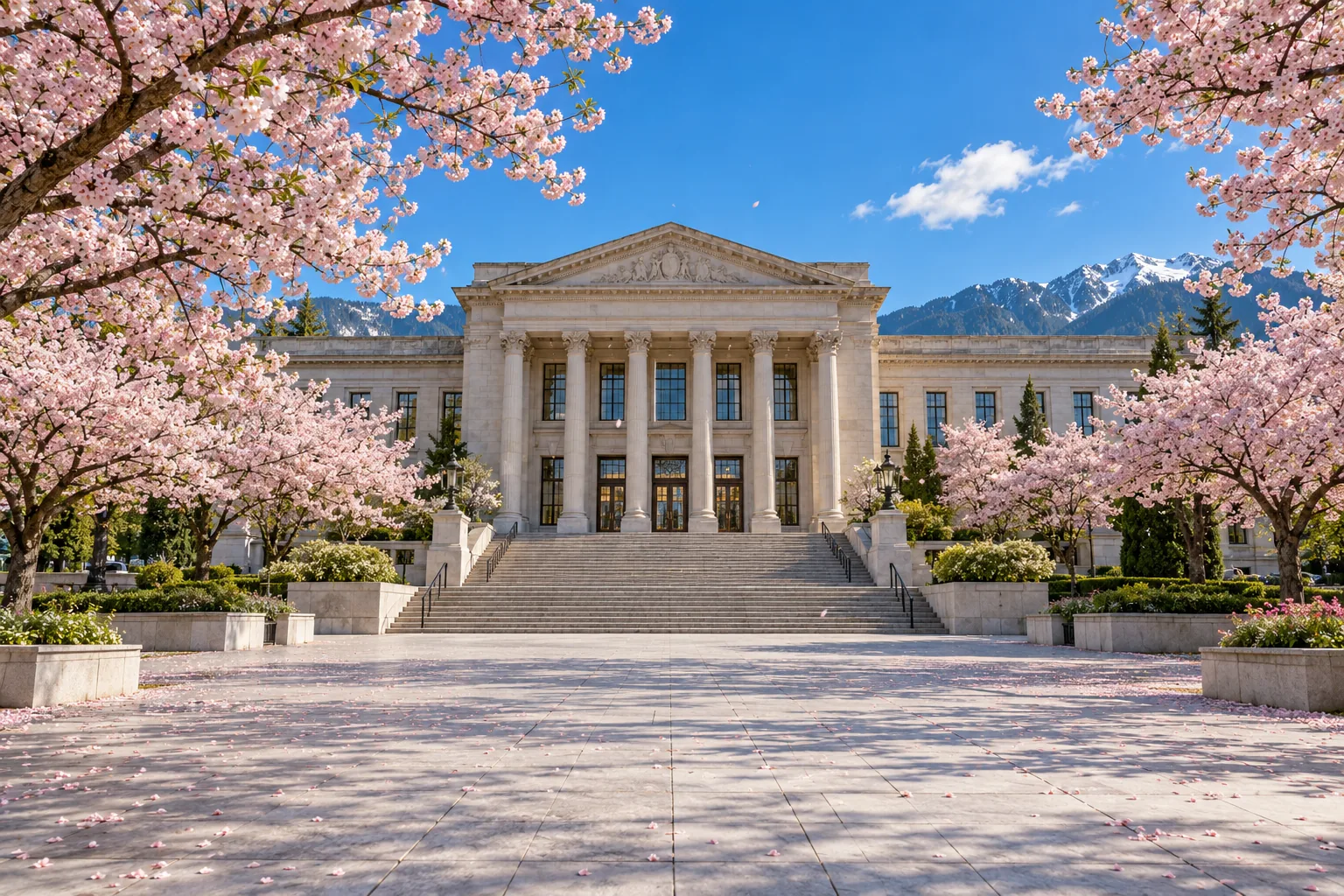 A limestone civic building with columns under cherry blossom