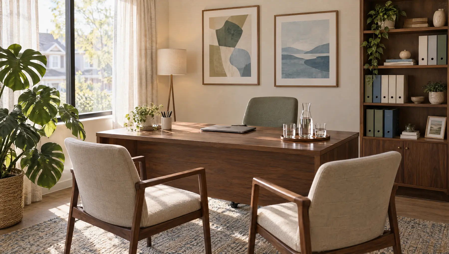 A calm consultation room with two armchairs, a desk and tall windows
