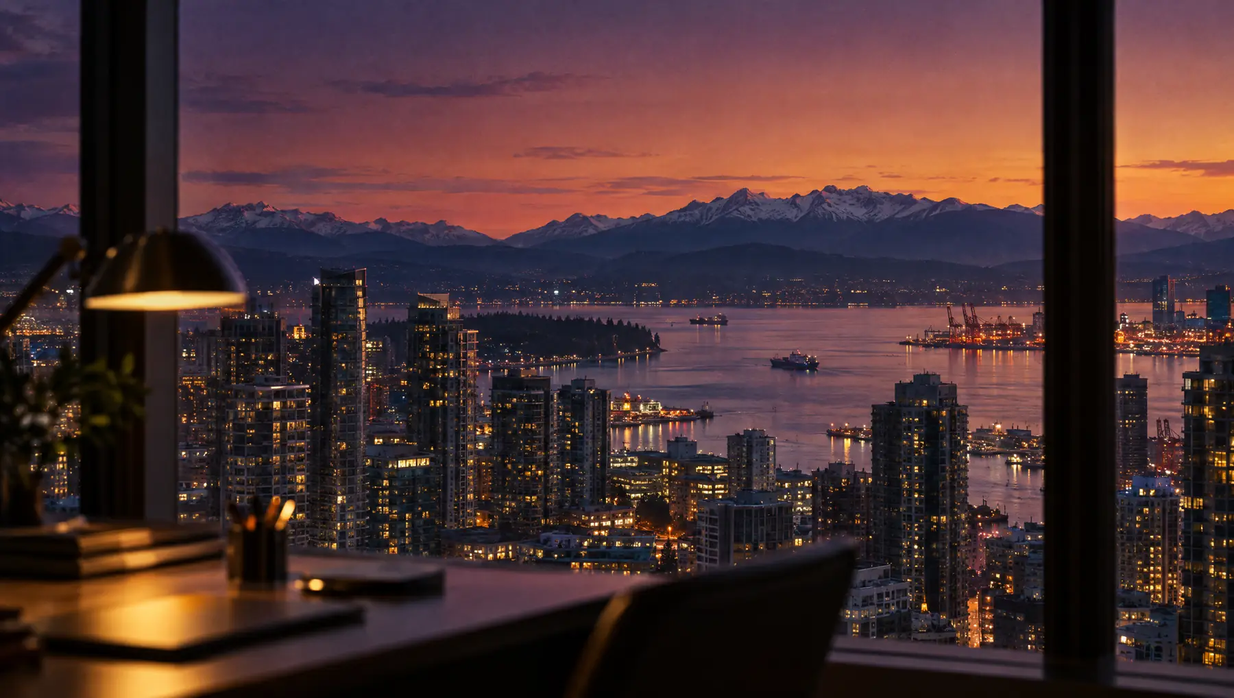 An office desk at dusk overlooking the city
