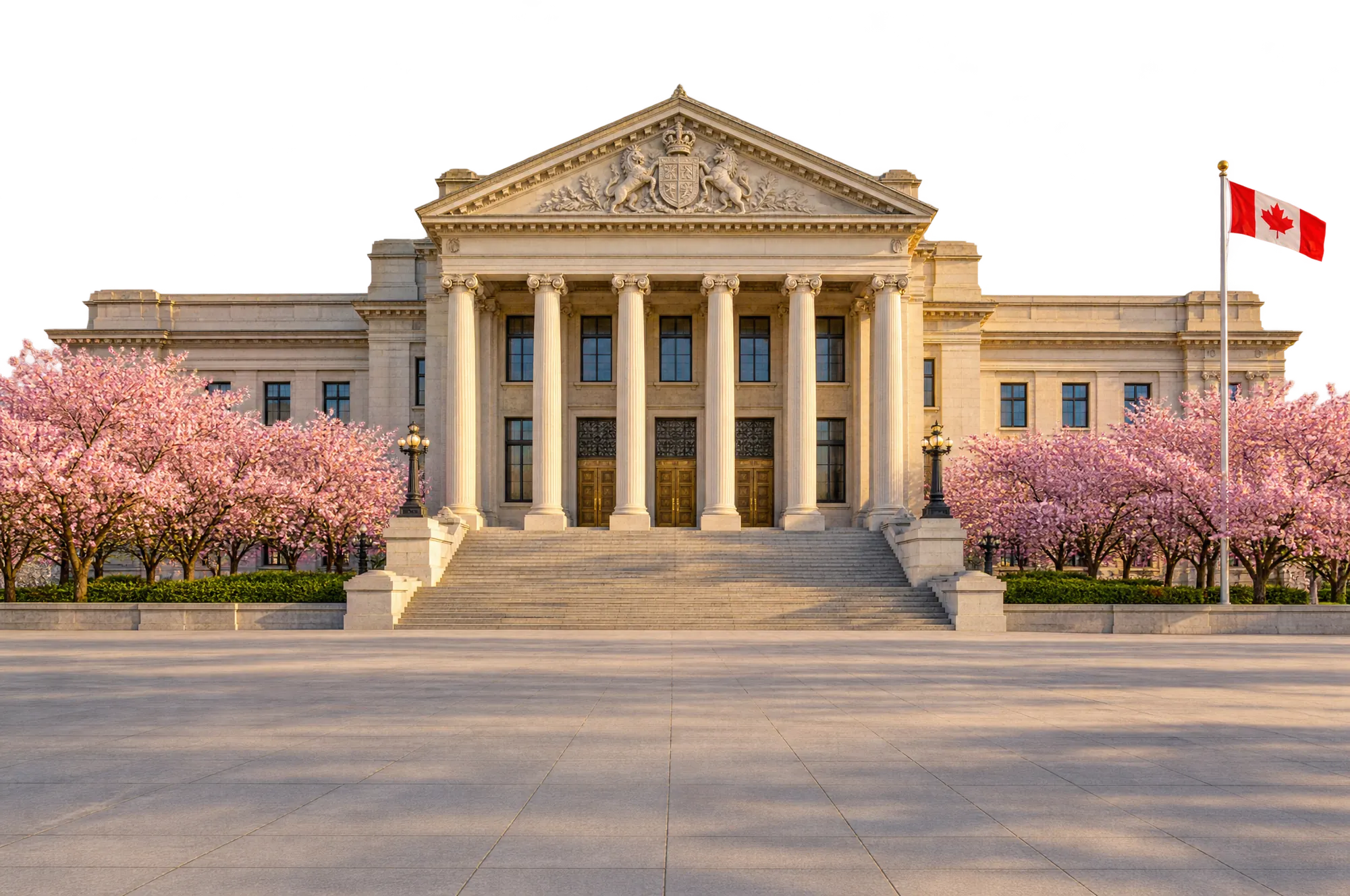 A heritage limestone law courts building with a columned portico, flanked by cherry trees in bloom