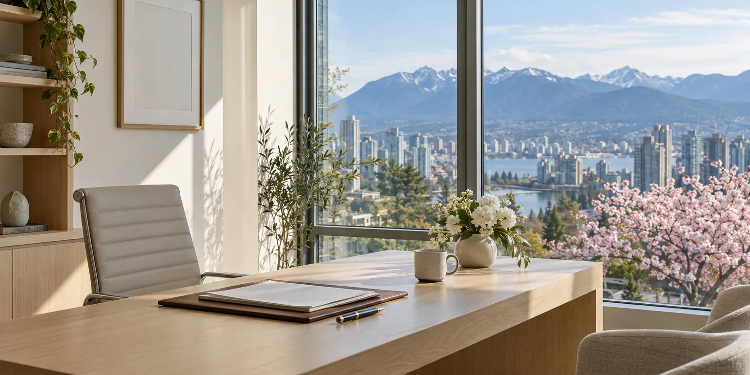 A bright consultant's office with a document folder on the desk, overlooking Vancouver
