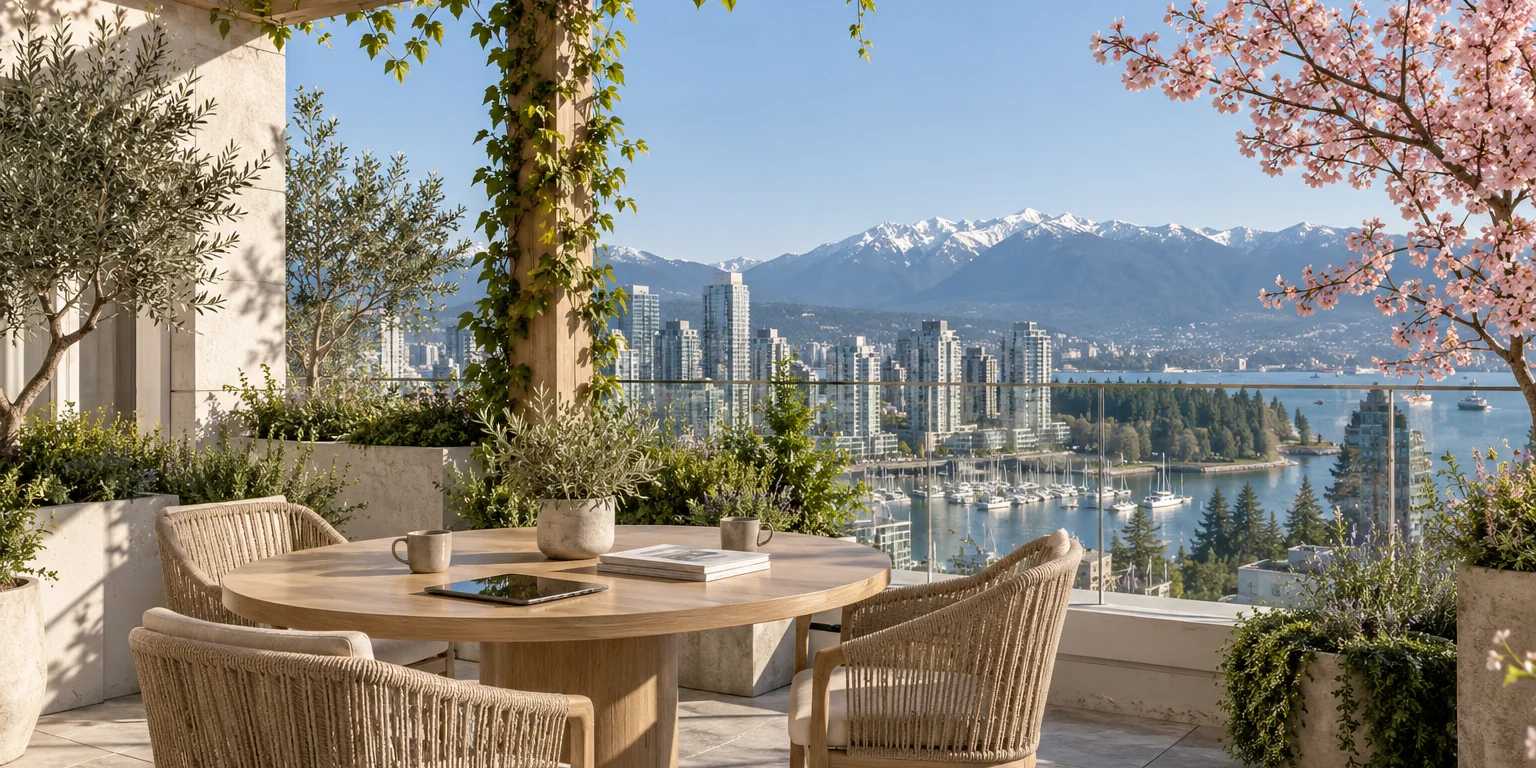 A terrace table set for a meeting, overlooking Vancouver harbour and the mountains