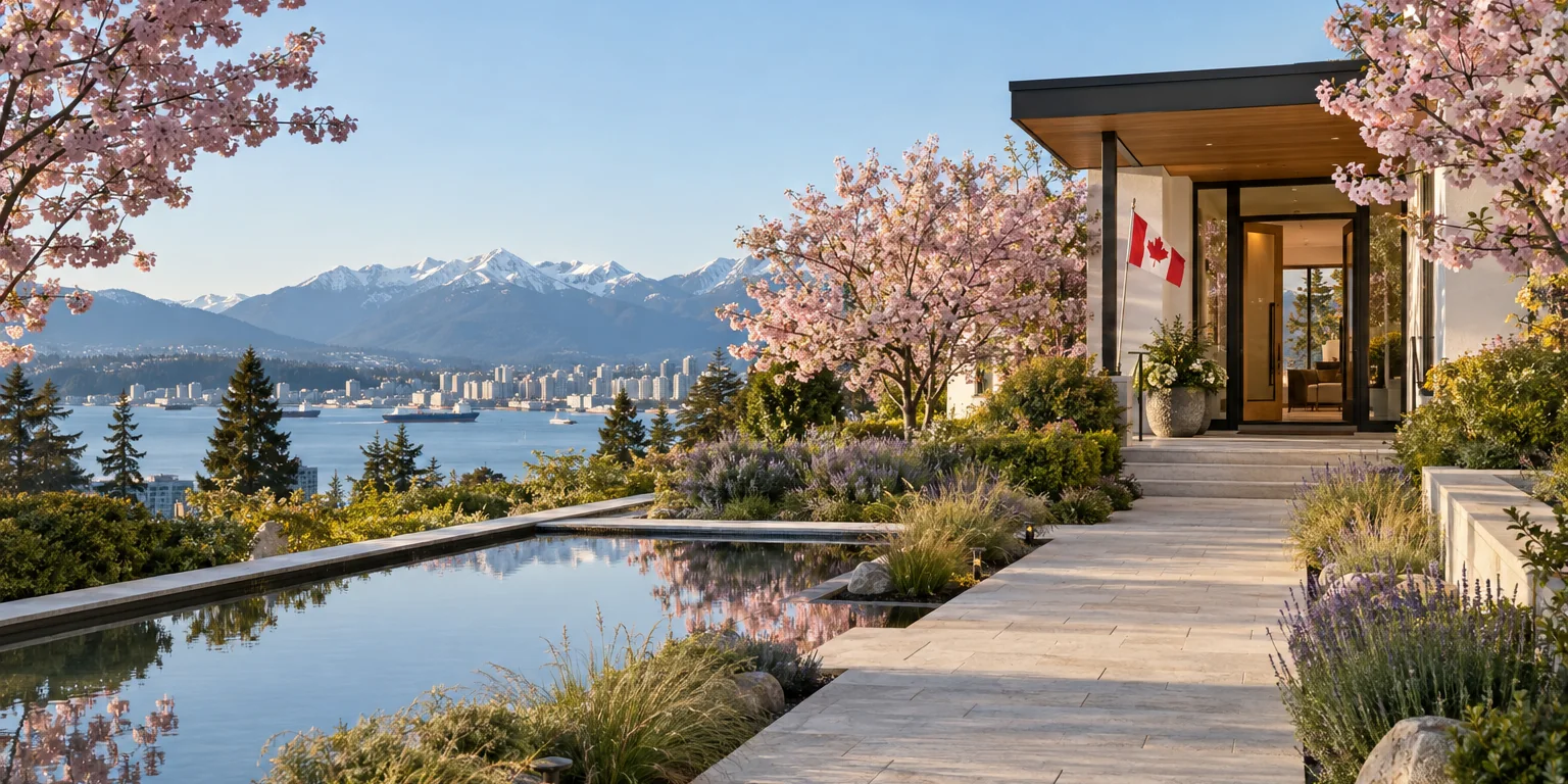 A garden path leading to the open door of a home, with the Canadian flag