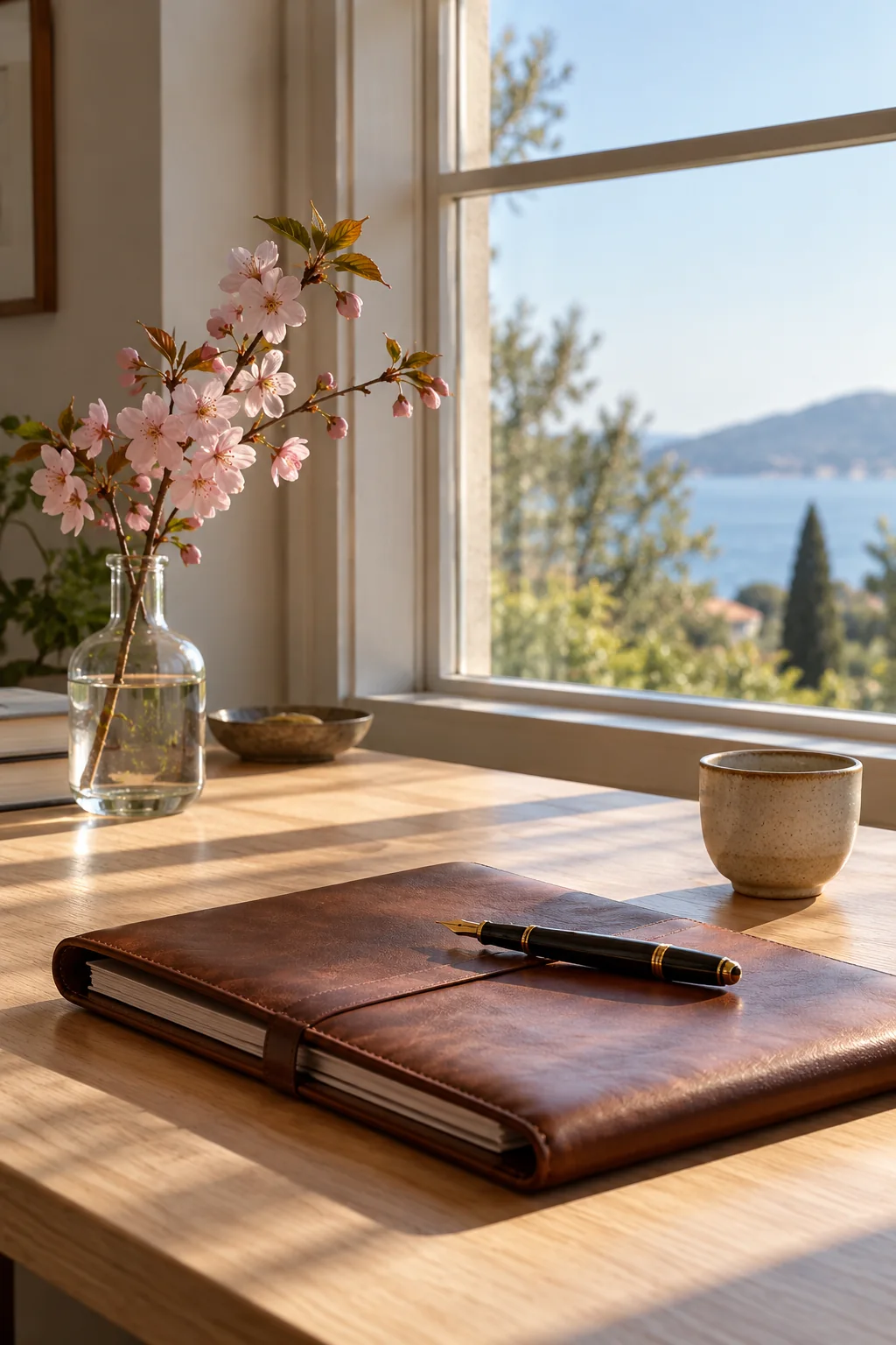 A leather document folder and fountain pen on a sunlit desk