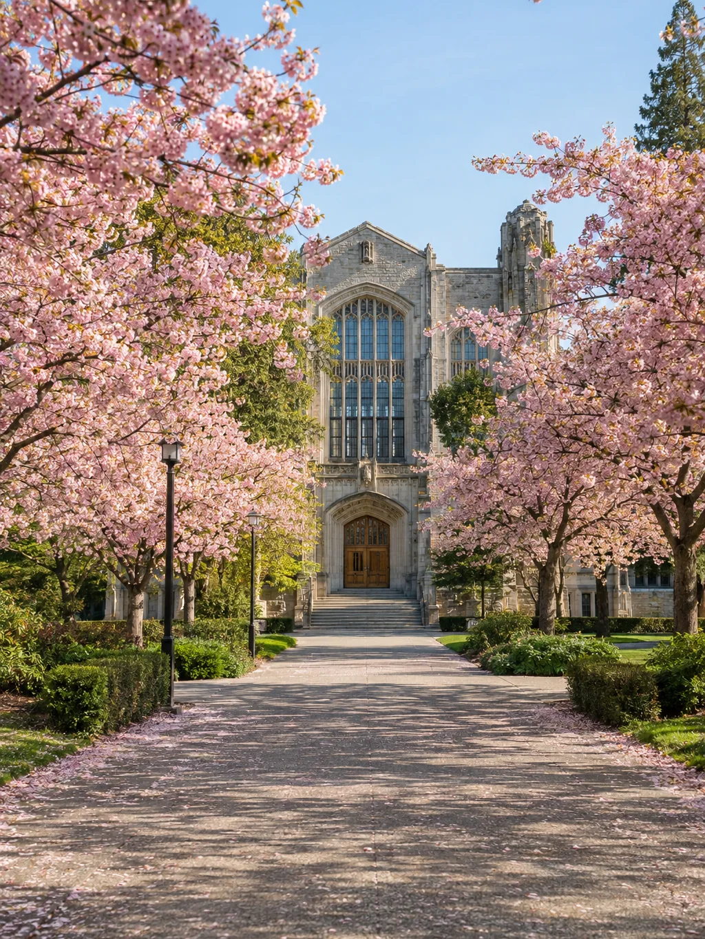 A university campus path lined with cherry blossom