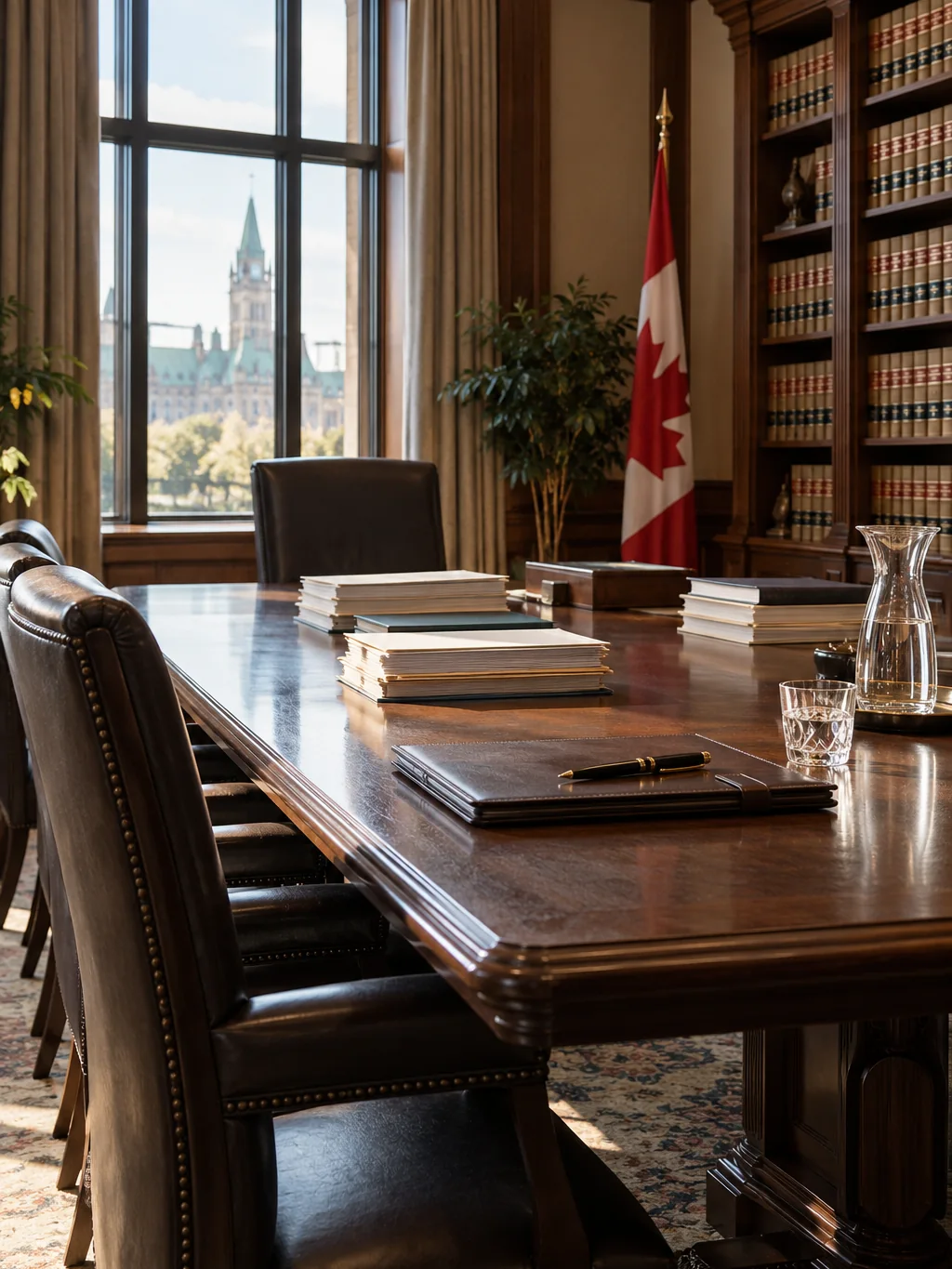 A quiet meeting room with legal books and case files